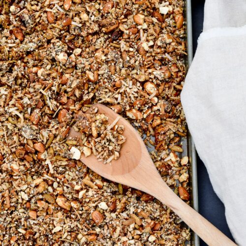 Healthy Grain Free Granola packed with protein. Almonds, chia, hemp, all sweetened with a touch of honey.