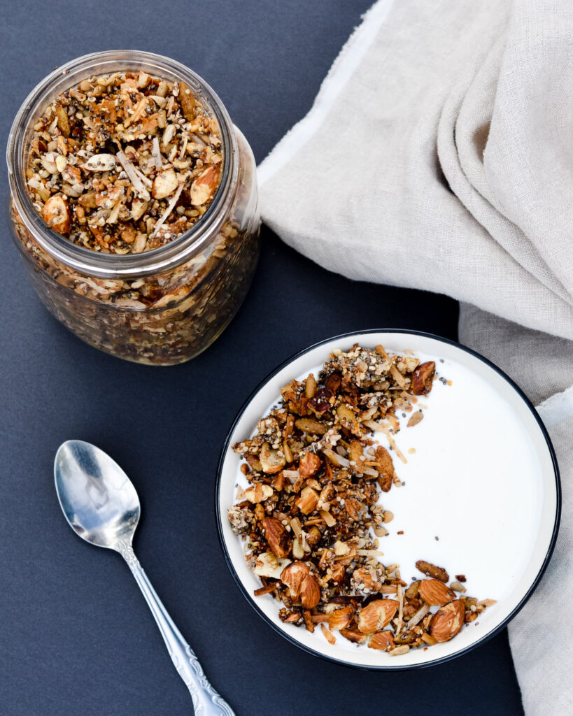 Healthy Grain Free Granola packed with protein. Almonds, chia, hemp, all sweetened with a touch of honey.