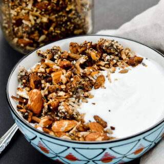Healthy Grain Free Granola packed with protein. Almonds, chia, hemp, all sweetened with a touch of honey.