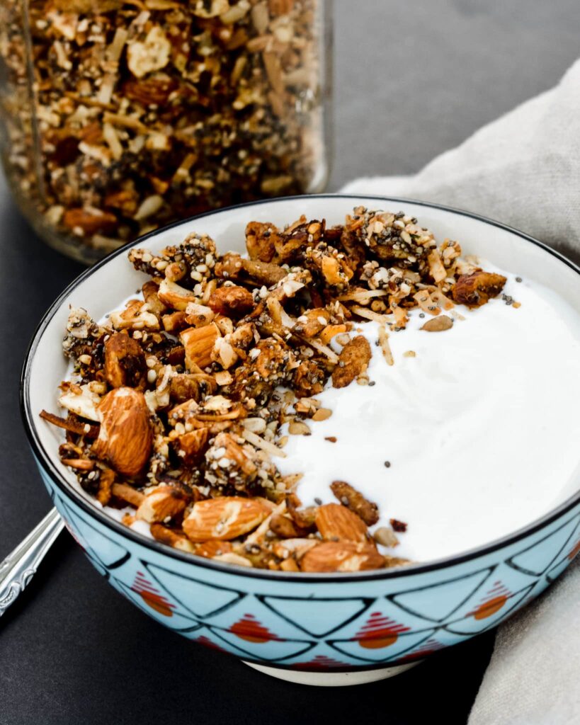 Healthy Grain Free Granola packed with protein. Almonds, chia, hemp, all sweetened with a touch of honey.