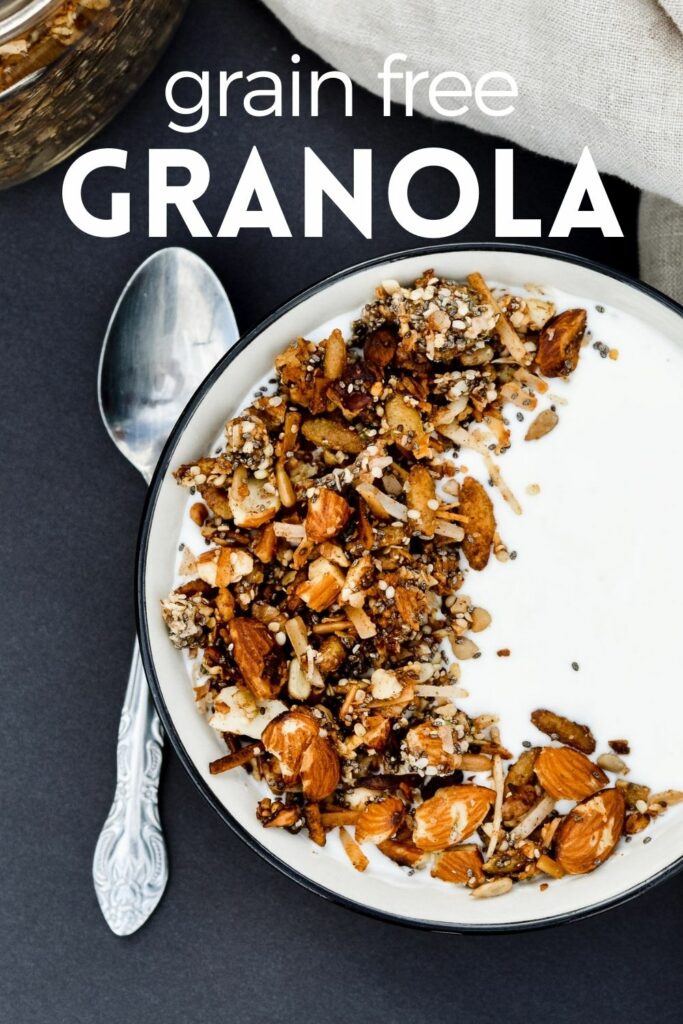 Healthy Grain Free Granola packed with protein. Almonds, chia, hemp, all sweetened with a touch of honey. #grainfree #granola #healthybreakfast