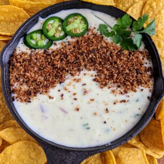 The BEST queso dip with jalapeño, red onion, monterey jack cheese. Topped with bread crumbs, jalapeños and cilantro. Seriously the most amazing queso ever.