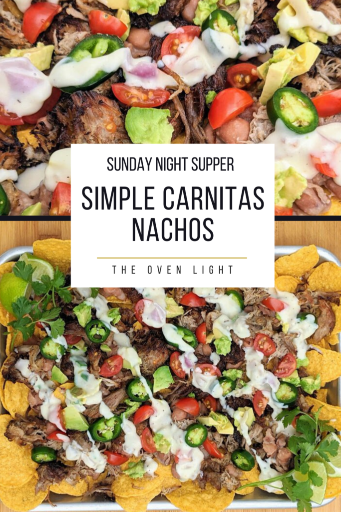 Simple Carnitas Nachos perfect for Sunday night dinner. LOVE each delicious topping: Jalapeño Pinto Beans, Easy Carnitas and Monterey Jack Queso!