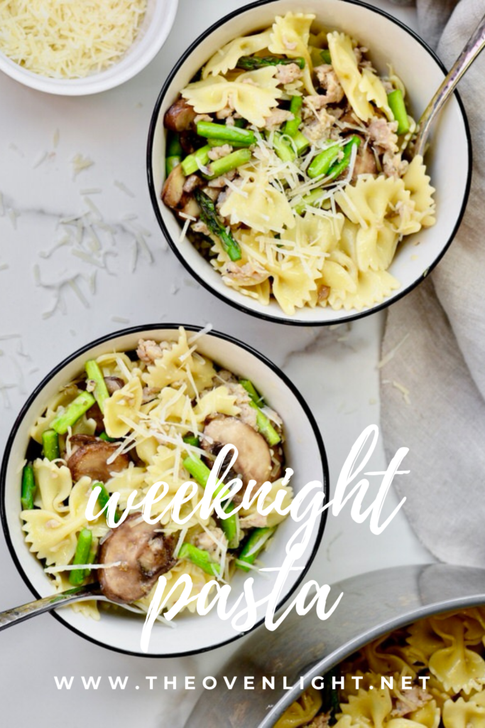 Asparagus Mushroom Turkey Sausage Bow Tie Pasta with Olive Oil and Parmesan | Simple recipe but so delicious. #asparagus #pastanight #mushrooms #italiansausage