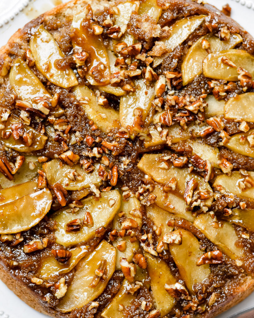 Upside Down Apple Cake | Warm, gooey, sugary topping with pecans, apples and brown sugar. Delicious dessert any time of the year!