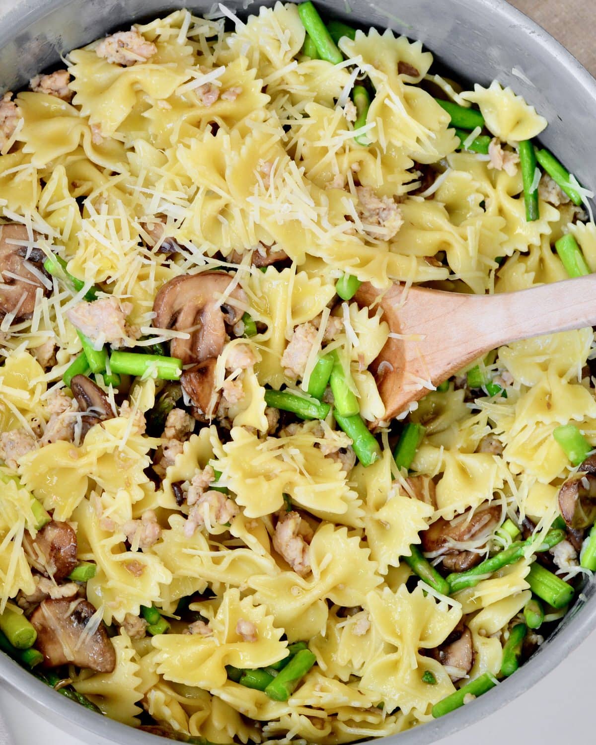 Asparagus Mushroom Turkey Sausage Bow Tie Pasta with Olive Oil and