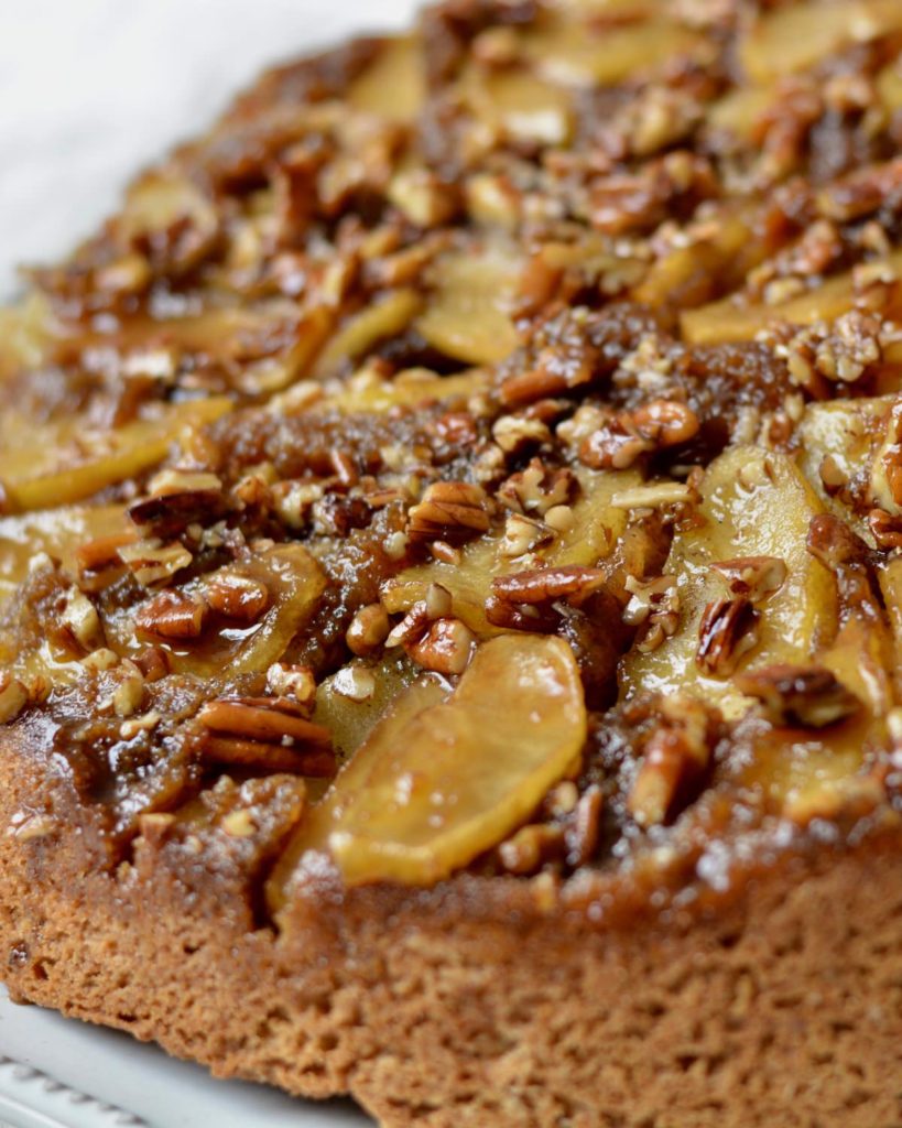 Upside Down Apple Cake | Warm, gooey, sugary topping with pecans, apples and brown sugar. Delicious fall dessert.