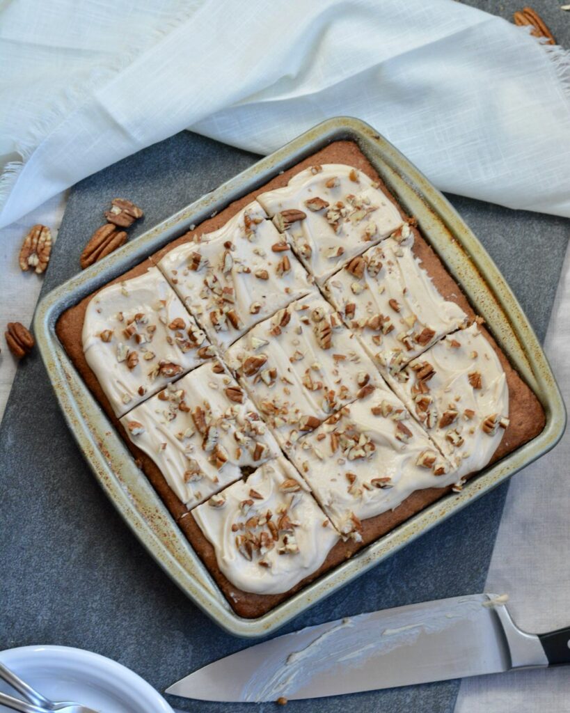 Soft Pecan Cake with Maple Buttercream Frosting | Simple gluten free recipe perfect for the holidays!