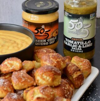 Pretzel Bites with a Kick! Adding fresh 505 Southwestern salsa right in the dough makes these pretzel bites really special. Dip in queso for the ultimate snack. #505southwestern #salsa #pretzels