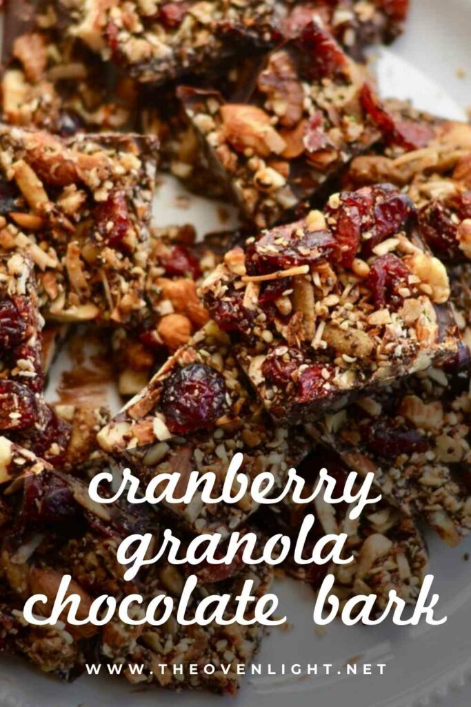 Cranberry Granola Chocolate Bark | Healthier snack for the holidays. Makes a great gift for friends and neighbors. Full of healthy nuts and seeds, only sweetened with chocolate. #granola #christmas #snack #cranberry