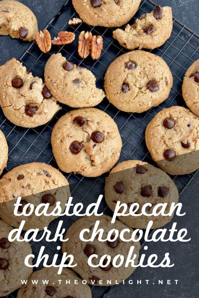 Toasted Pecan Dark Chocolate Chip Cookies | Made with lightly toasted sugared pecans and plenty of dark chocolate chunks, these cookies are an indulgent treat! #cookierecipe #pecans #darkchocolate
