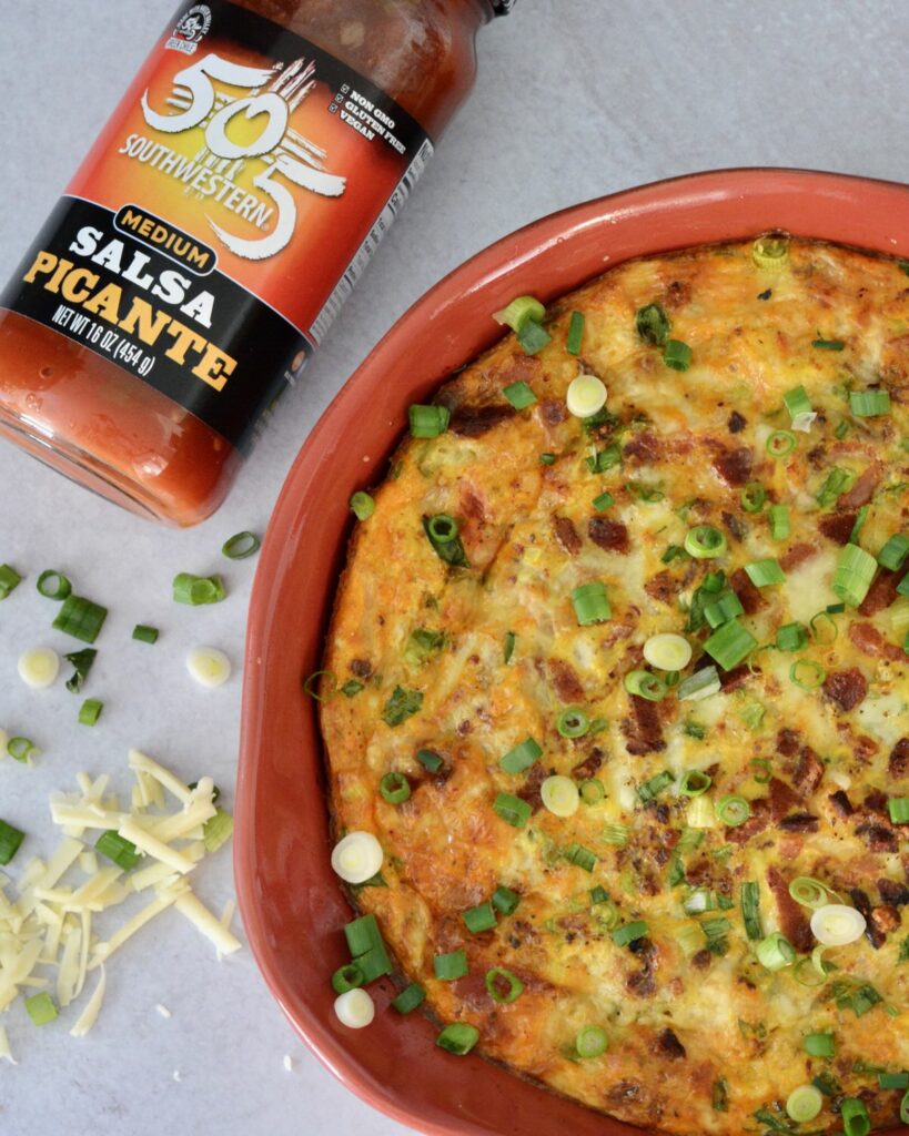 Crustless Cheese and Bacon Quiche with 505 Salsa Picante | Take breakfast to the next level with this simple recipe. Simply gluten free.