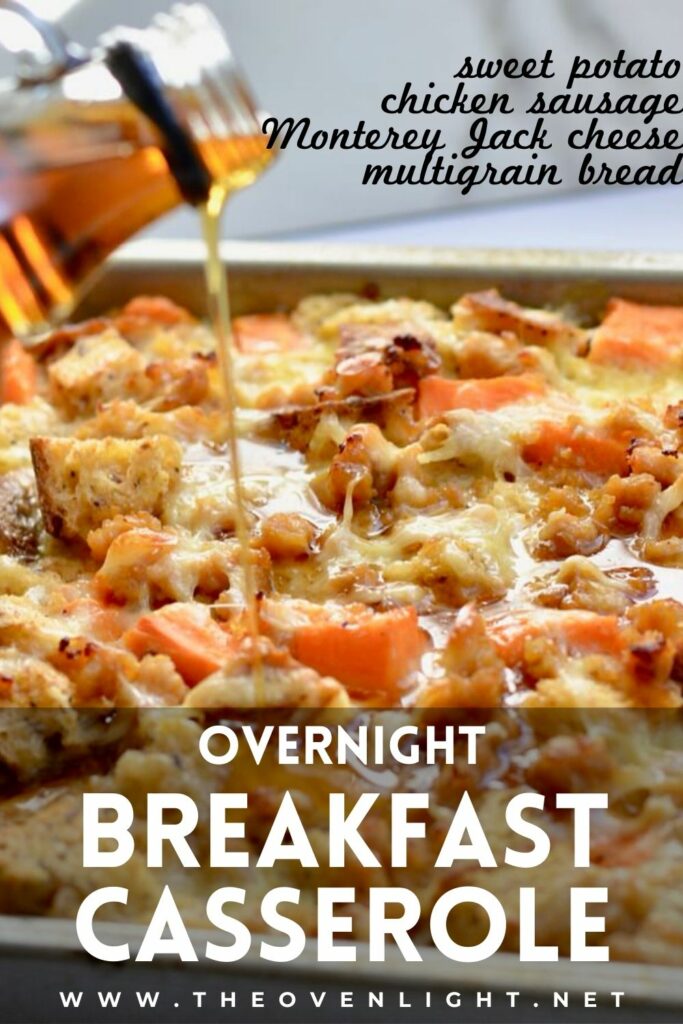 Overnight Sausage Breakfast Casserole | Sweet potatoes, chicken sausage, Monterey jack cheese and multigrain bread. Throw it together the night before and bake when you wake! Amazing flavors and so easy! #breakfastcasserole #fallbreakfast #overnightbreakfast