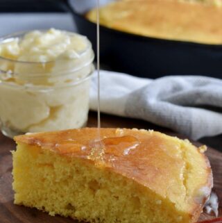 Delicious homemade Cornbread | Super simple recipe comes together in minutes. SO much better than a box mix. Plus, easy honey butter recipe!