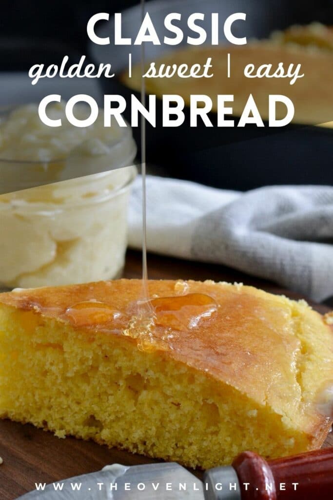 Delicious homemade golden sweet Cornbread recipe | Super simple recipe comes together in minutes. SO much better than a box mix. Plus, easy honey butter recipe! #cornbread #homemade #bbq