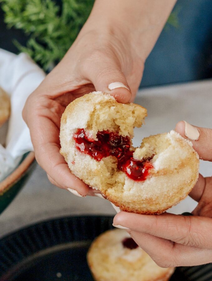 Sweet Buttermilk Muffins filled with raspberry preservesmade gluten free in this simple one bowl recipe. Why have just a muffin, when you can have a donut muffin? Filled with raspberry jam and relaxing moments. Perfect grab and go breakfast the whole family will treasure.