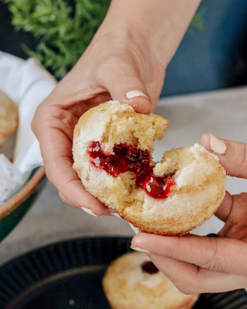 Sweet Buttermilk Muffins filled with raspberry preservesmade gluten free in this simple one bowl recipe. Why have just a muffin, when you can have a donut muffin? Filled with raspberry jam and relaxing moments. Perfect grab and go breakfast the whole family will treasure.