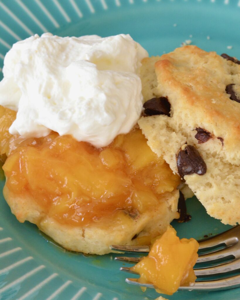 A twist on classic Peaches and Cream Shortbread with a splash of Breckenridge Gin. Tender and soft chocolate chip biscuits with homemade peach sauce and homemade whip cream. The BEST summer dessert!