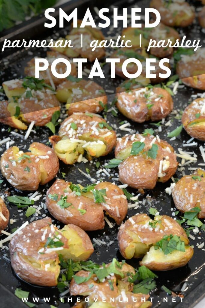 Crisp skin and tender inside, these smashed potatoes are bursting with flavor and are super simple to make. Goes great with just about ANY dinner. #potatoes #smashed #garlic