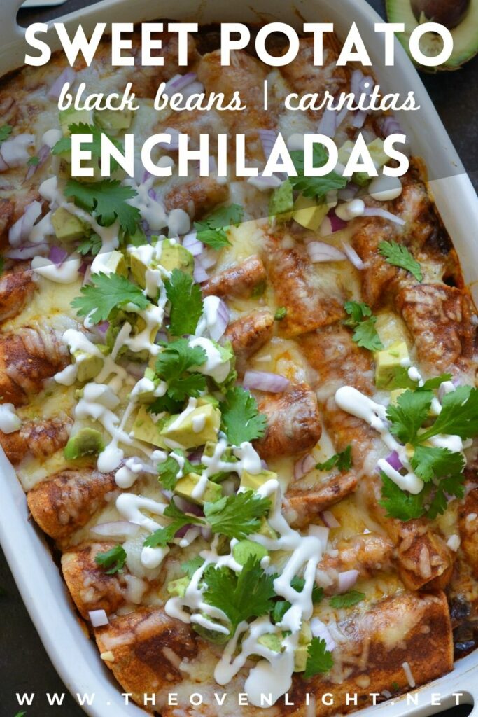 Delicious Make Ahead Enchiladas filled with Carnitas, Black Beans and Sweet Potatoes. Outstanding flavor combination of sweet, savory and spice. Simple homemade enchilada sauce recipe too! #enchiladas #sweetpotato #makeaheadmeals