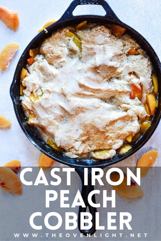 Cast Iron Peach Cobbler Perfection | Deliciously sweet fruit topped with a classic crisp biscuit topping. Add whip cream or ice cream and dig in! Perfect for parties. #peachcobbler #castironskillet #alamode