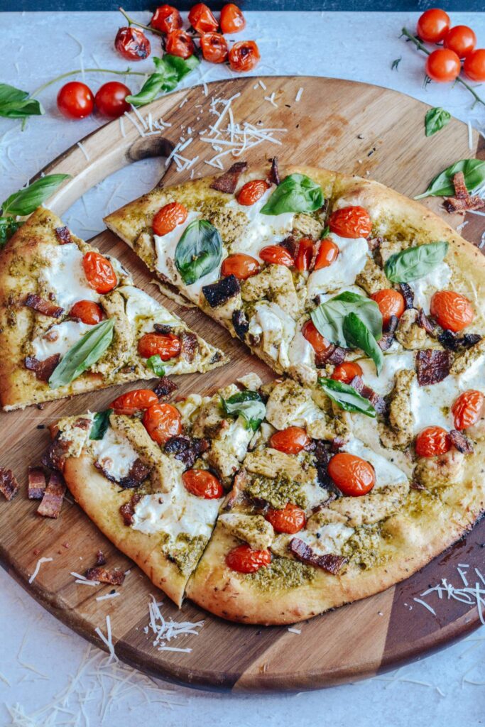 Pesto Pizza with Chicken, Bacon and Fresh Mozzarella - Fresh, simple and so delicious. No rise time pizza dough recipe.