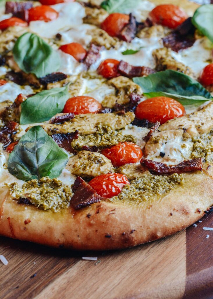 Pesto Pizza with Chicken, Bacon and Fresh Mozzarella - Fresh, simple and so delicious. No rise time pizza dough recipe.