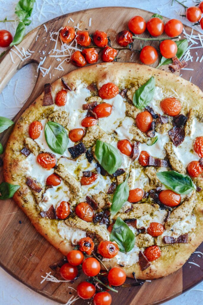 Pesto Pizza with Chicken, Bacon and Fresh Mozzarella - Fresh, simple and so delicious. No rise time pizza dough recipe.