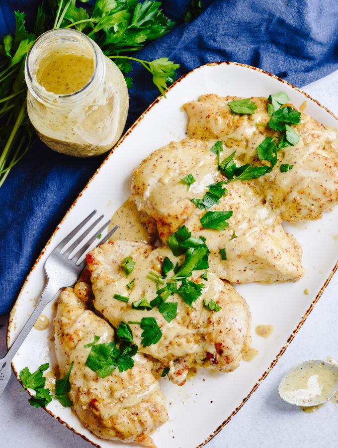 Honey Mustard Chicken Marinade | Yogurt, whole grain mustard and honey. Makes tender, flavorful chicken every time. Also a perfect dipping sauce. #honey #mustard #chickenmarinade