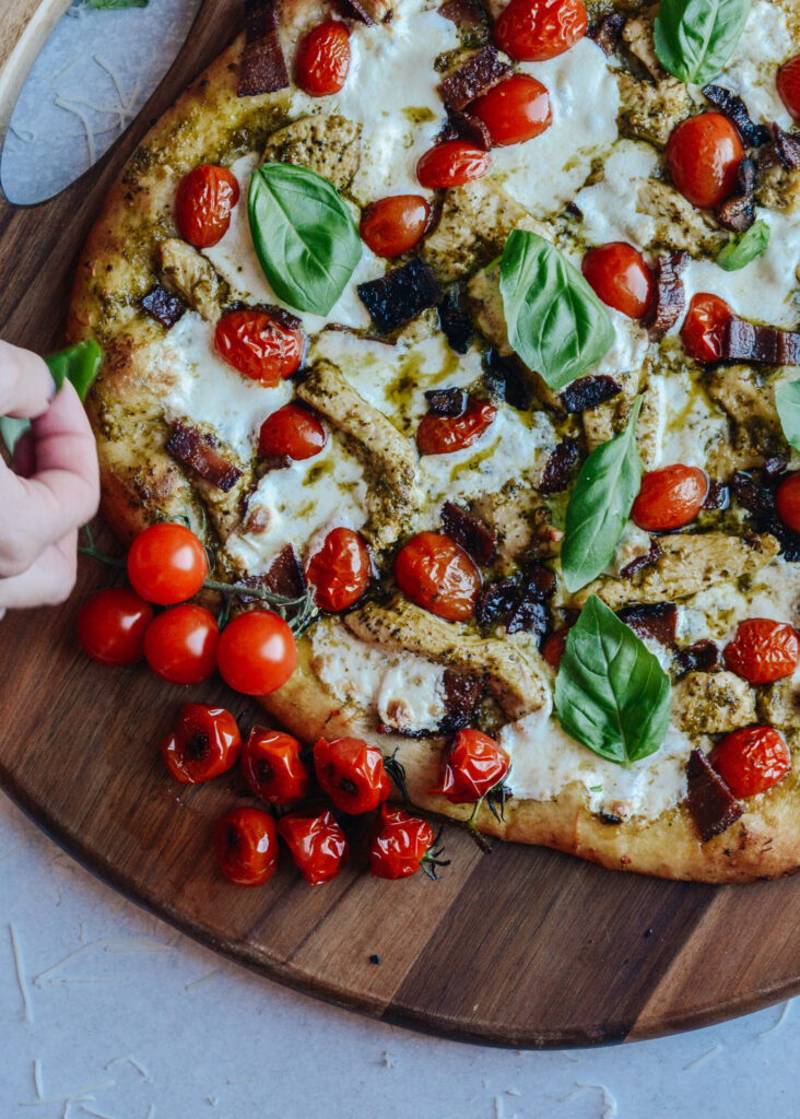 Pesto Pizza with Chicken, Bacon and Fresh Mozzarella - Fresh, simple and so delicious. No rise time pizza dough recipe.