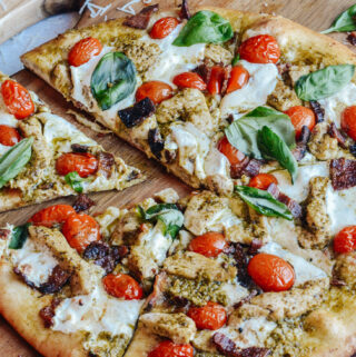 Pesto Pizza with Chicken, Bacon and Fresh Mozzarella - Fresh, simple and so delicious. No rise time pizza dough recipe.