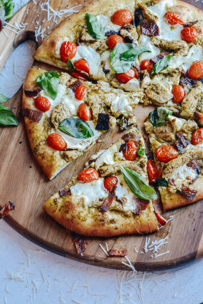 Pesto Pizza with Chicken, Bacon and Fresh Mozzarella - Fresh, simple and so delicious. No rise time pizza dough recipe.