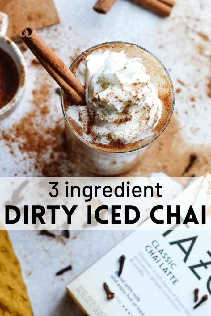 Dirty Iced Chai Drink made with only 3 ingredients. Completely delicious and easy to make regular or decaf. Who knew coffee and tea could taste so amazing together?! #chaitea #coffeedrinks #espresso