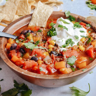 Taco Soup Recipe to warm your soul and your whole body. Perfectly balanced flavors, like a taco in a bowl! Enjoy with tortilla chips and cold weather.