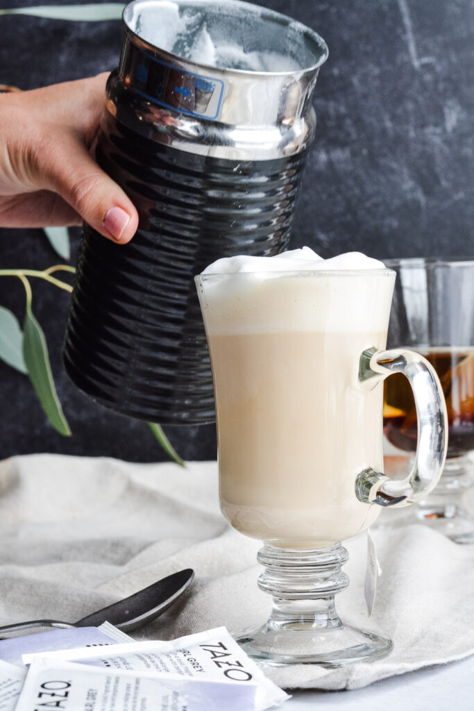 London Fog Hot Tea and Steamed Milk. Deliciously sweet winter drink.