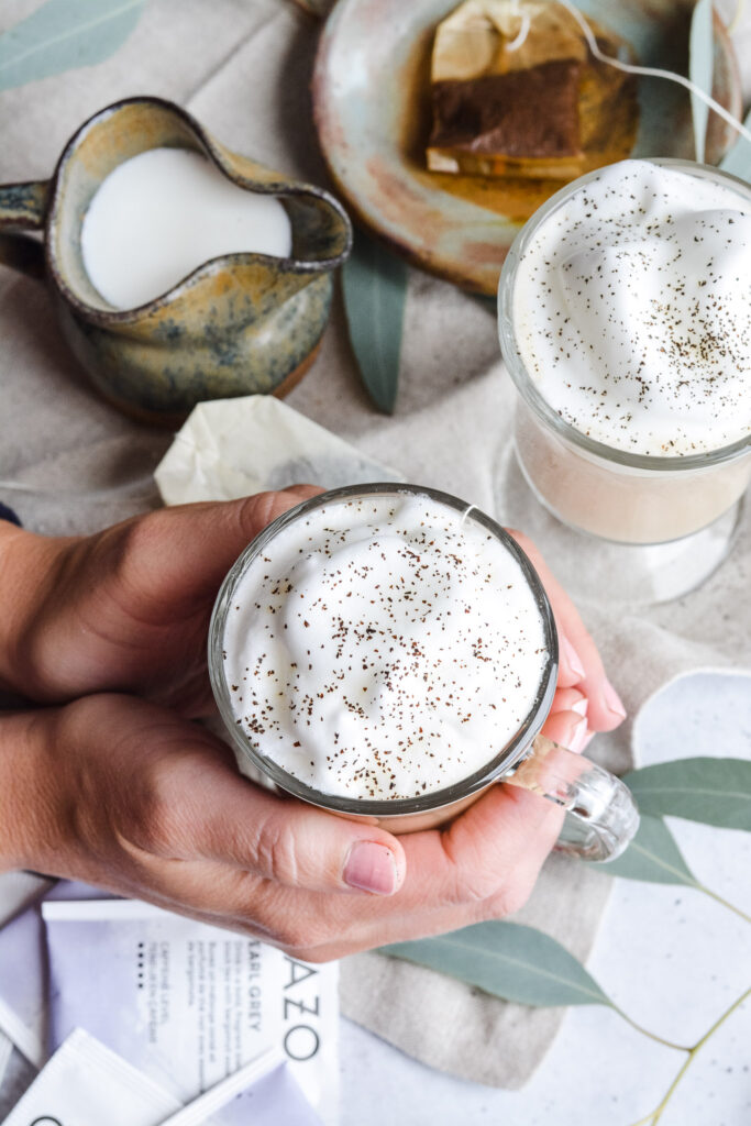 London Fog Hot Tea and Steamed Milk. Deliciously sweet winter drink.