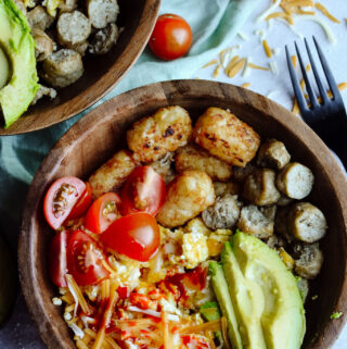 Simple Breakfast Hash—Perfect brunch hash, scrambled eggs, tater tots, cheese, avocado, sausage and toppings.