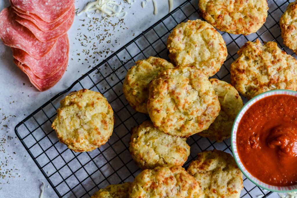 Italian Drop Biscuits - Salami, Mozzarella and Italian Seasoning. Gluten Free and completely delicious. Dip in marinara for a great appetizer!