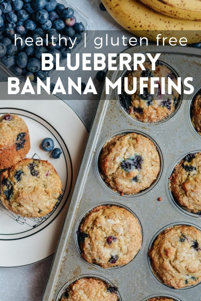 Healthy Banana Blueberry Muffins made Gluten Free, sweetened with honey and bananas. Moist, light and a simple recipe the whole family will love. #healthybreakfast #blueberrymuffins #bananamuffins
