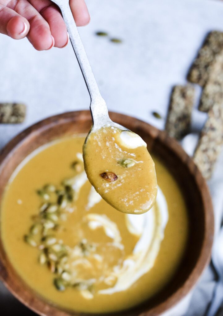 Sweet Potato Pumpkin Soup comes together in 20 minutes, using canned pumpkin. Simple and delicious soup recipe for fall!