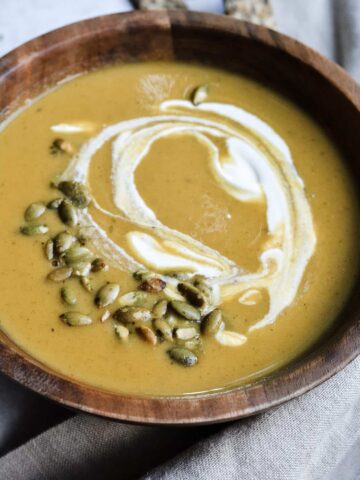 Sweet Potato Pumpkin Soup comes together in 20 minutes, using canned pumpkin. Simple and delicious soup recipe for fall!