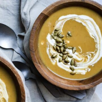 Sweet Potato Pumpkin Soup comes together in 20 minutes, using canned pumpkin. Simple and delicious soup recipe for fall!