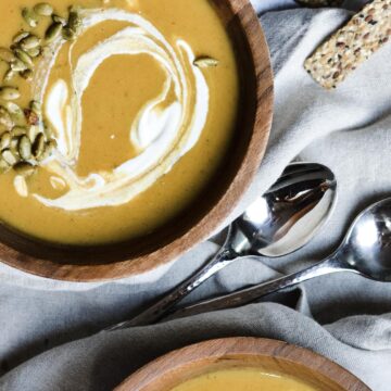 Sweet Potato Pumpkin Soup comes together in 20 minutes, using canned pumpkin. Simple and delicious soup recipe for fall!