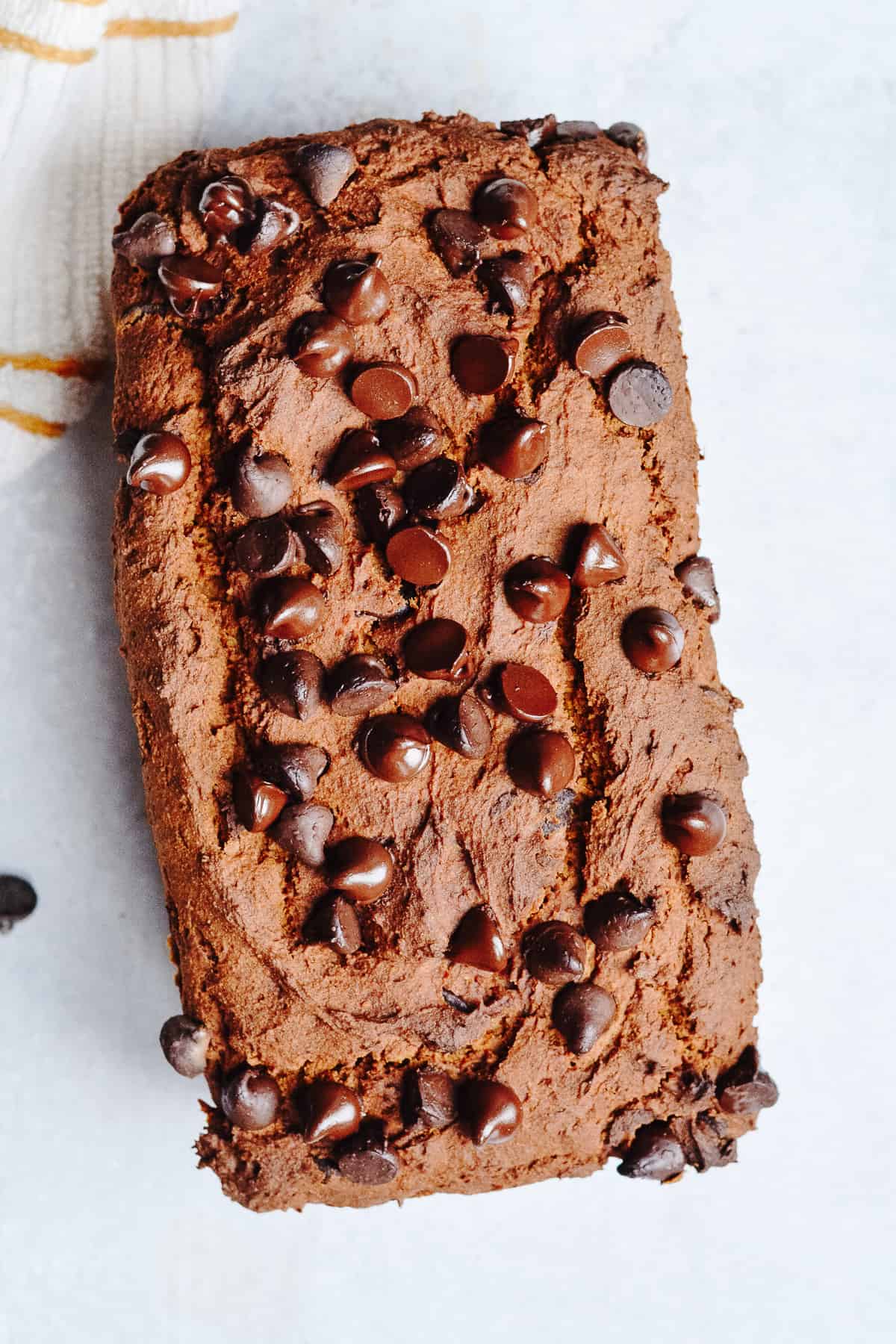 Top view of loaf of pumpkin bread with chocolate chips.