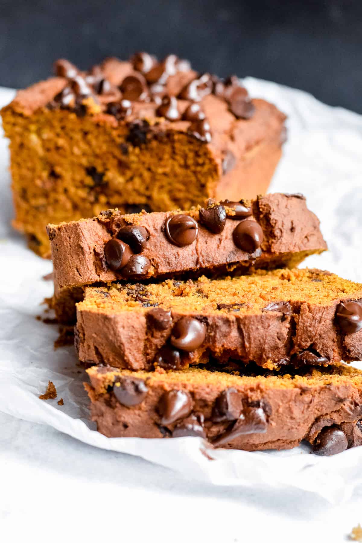 Slices of pumpkin bread with chocolate chips.