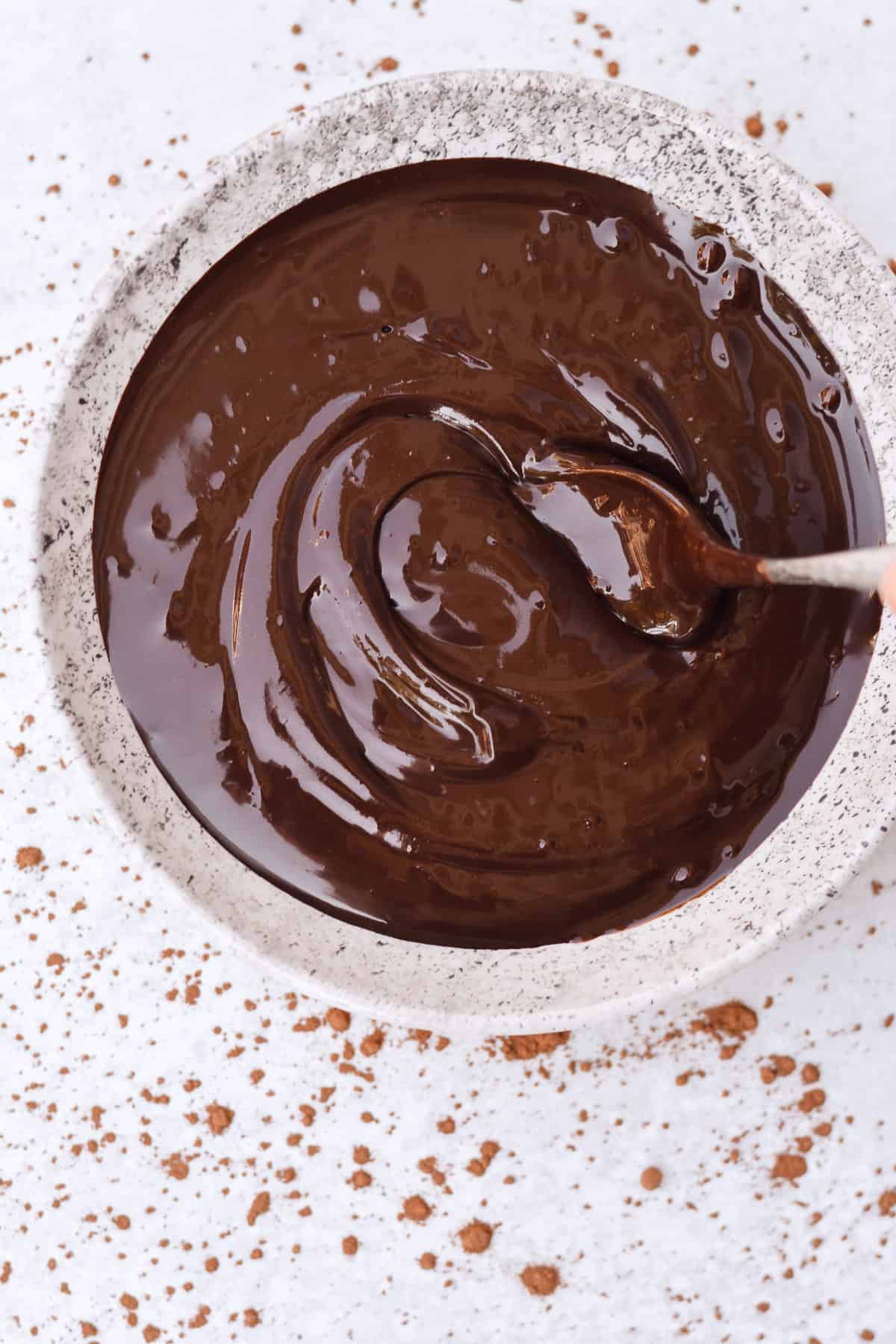 Spoon in a bowl of chocolate fudge sauce.