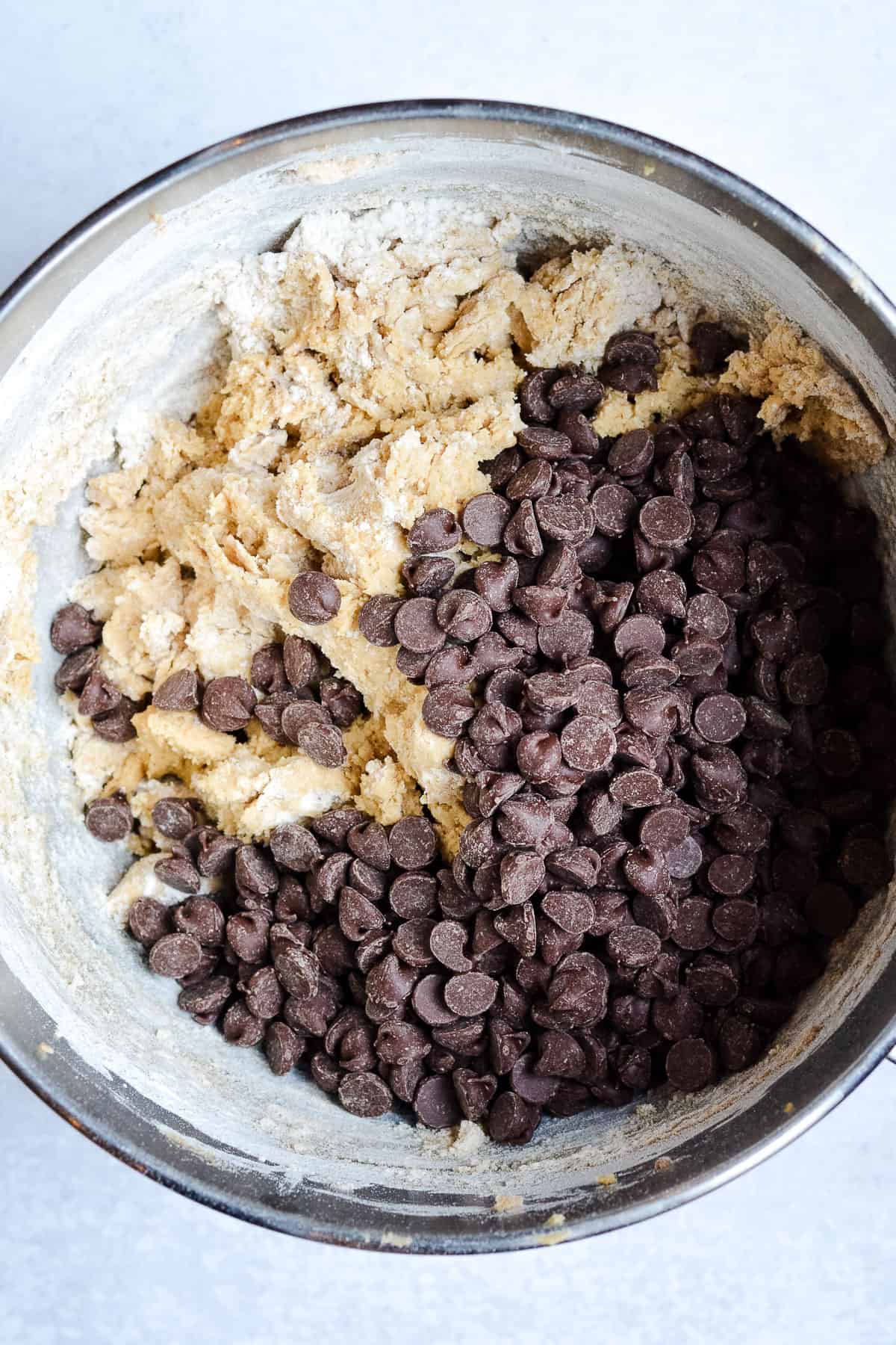 Mixed dough with chocolate chips ready to be mixed in.