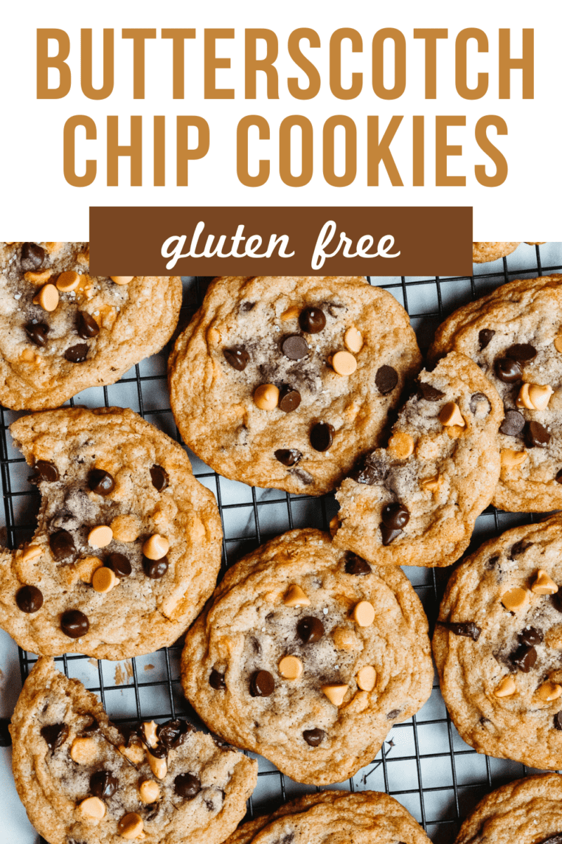 Butterscotch chocolate chip cookies on a cooling rack.