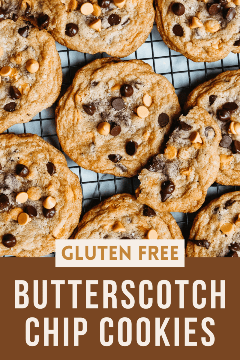 Butterscotch chocolate chip cookies on a cooling rack.